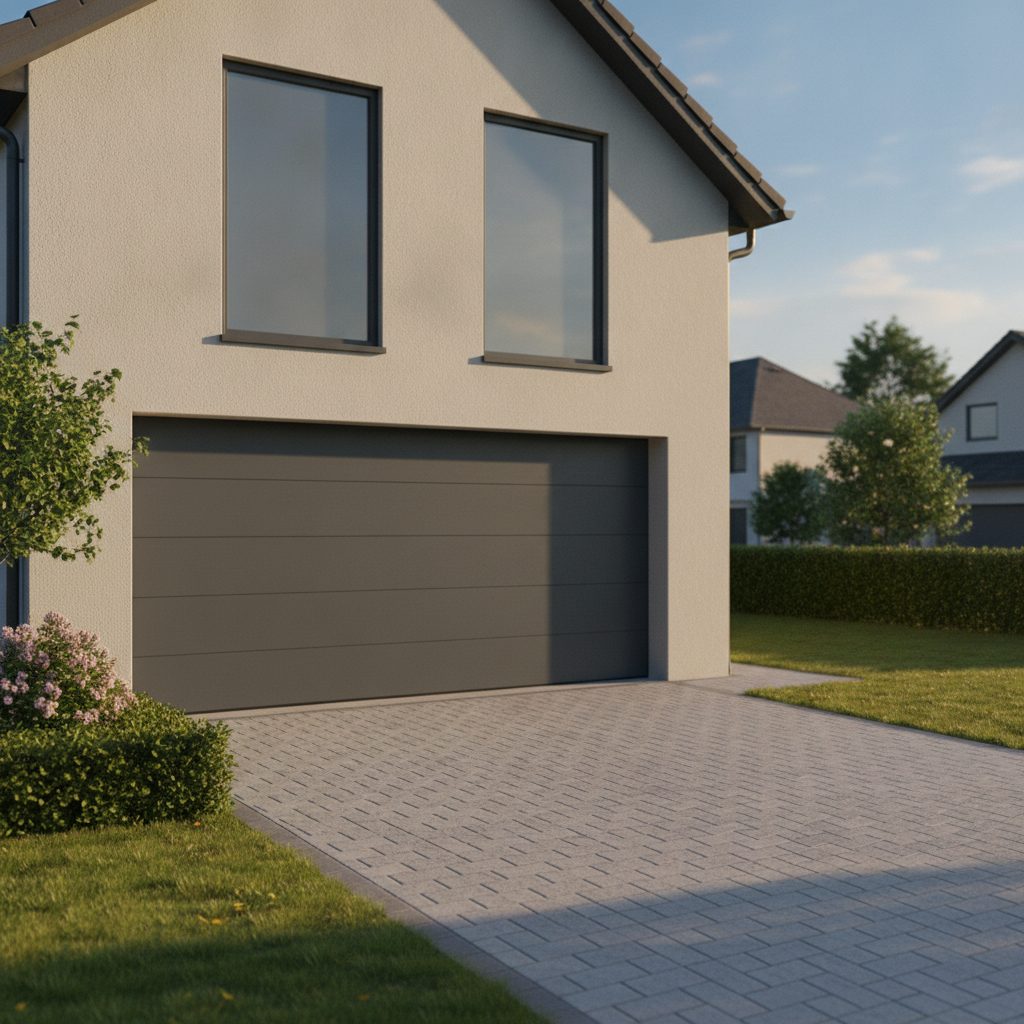 Modern sectional garage door on a tidy suburban home